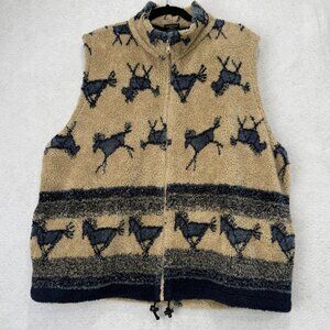 Silver Threads Vest Mens Large Tan Blue Western Horse Print Sherpa Fleece USA